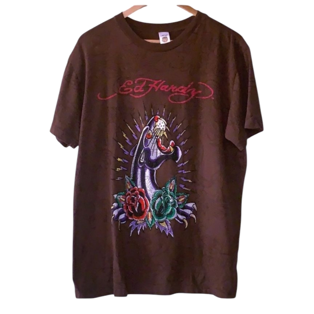 Vintage Ed Hardy Y2K Panther & Rose  sequined T-Shirt - Picture 2 of 9